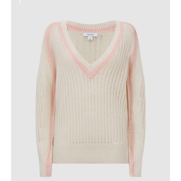 Reiss Vale Wool Blend Knitted V-Neck Sweater Cream Relax Fit Women's M - Picture 6 of 12